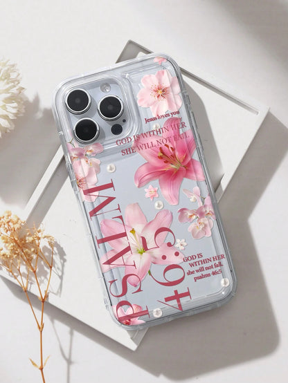 White & Pink Floral Fashion Faux Pearl Goddess Lily Pattern Psalm 46:5 Shockproof Phone Case, Compatible With IPhone 16/11/12/13/14/15/15 Pro/15 Plus/15 Pro Max/7 Plus/8 Plus/X/Xs Max/Xr/11 Pro/12 Pro
