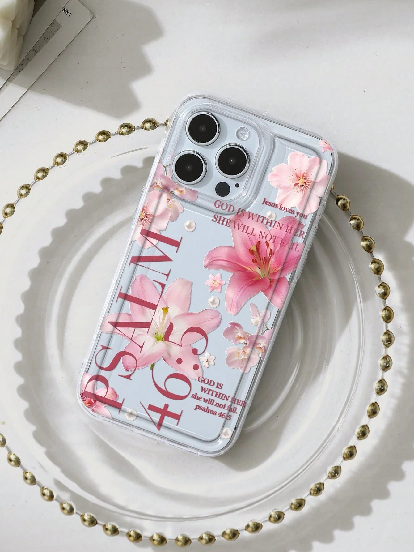 White & Pink Floral Fashion Faux Pearl Goddess Lily Pattern Psalm 46:5 Shockproof Phone Case, Compatible With IPhone 16/11/12/13/14/15/15 Pro/15 Plus/15 Pro Max/7 Plus/8 Plus/X/Xs Max/Xr/11 Pro/12 Pro