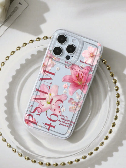 White & Pink Floral Fashion Faux Pearl Goddess Lily Pattern Psalm 46:5 Shockproof Phone Case, Compatible With IPhone 16/11/12/13/14/15/15 Pro/15 Plus/15 Pro Max/7 Plus/8 Plus/X/Xs Max/Xr/11 Pro/12 Pro