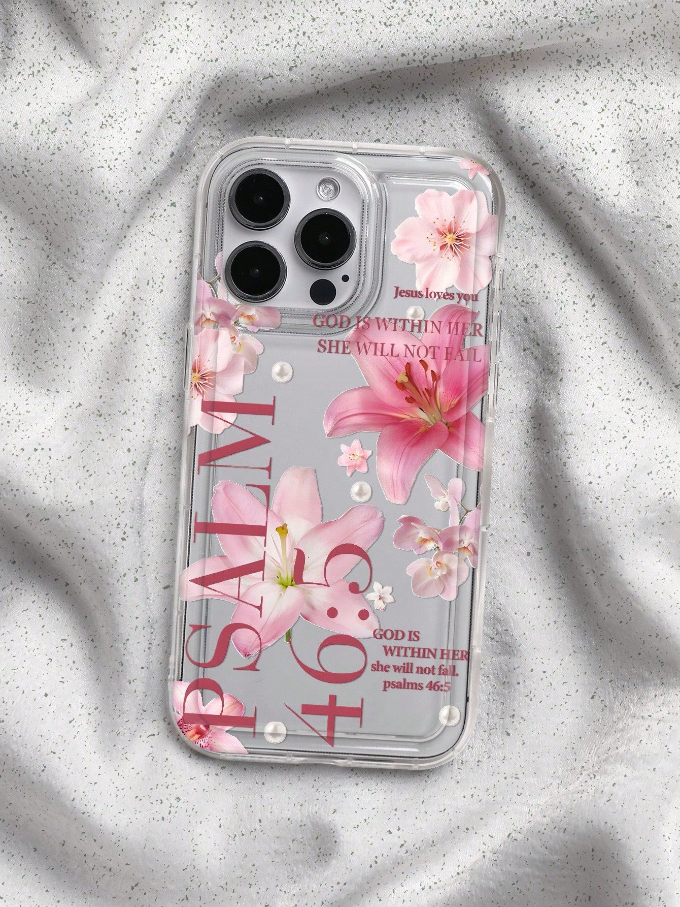 White & Pink Floral Fashion Faux Pearl Goddess Lily Pattern Psalm 46:5 Shockproof Phone Case, Compatible With IPhone 16/11/12/13/14/15/15 Pro/15 Plus/15 Pro Max/7 Plus/8 Plus/X/Xs Max/Xr/11 Pro/12 Pro