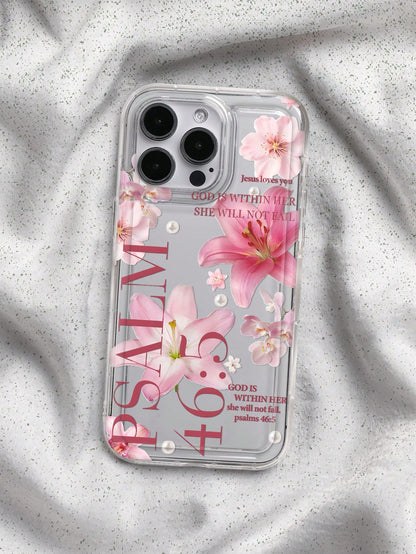 White & Pink Floral Fashion Faux Pearl Goddess Lily Pattern Psalm 46:5 Shockproof Phone Case, Compatible With IPhone 16/11/12/13/14/15/15 Pro/15 Plus/15 Pro Max/7 Plus/8 Plus/X/Xs Max/Xr/11 Pro/12 Pro