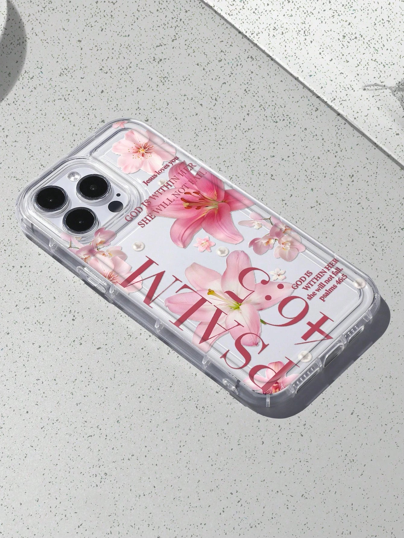 White & Pink Floral Fashion Faux Pearl Goddess Lily Pattern Psalm 46:5 Shockproof Phone Case, Compatible With IPhone 16/11/12/13/14/15/15 Pro/15 Plus/15 Pro Max/7 Plus/8 Plus/X/Xs Max/Xr/11 Pro/12 Pro