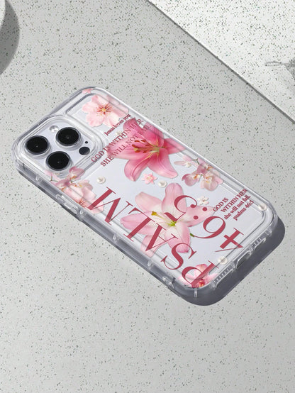 White & Pink Floral Fashion Faux Pearl Goddess Lily Pattern Psalm 46:5 Shockproof Phone Case, Compatible With IPhone 16/11/12/13/14/15/15 Pro/15 Plus/15 Pro Max/7 Plus/8 Plus/X/Xs Max/Xr/11 Pro/12 Pro
