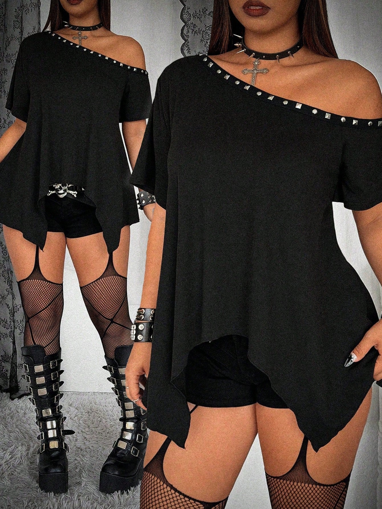 Whyspr Plus Size Loose Asymmetrical Hem T-Shirt With Rivet Decor On Asymmetric Shoulder