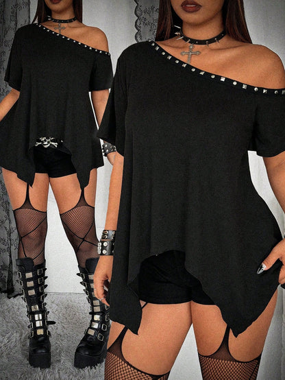 Whyspr Plus Size Loose Asymmetrical Hem T-Shirt With Rivet Decor On Asymmetric Shoulder