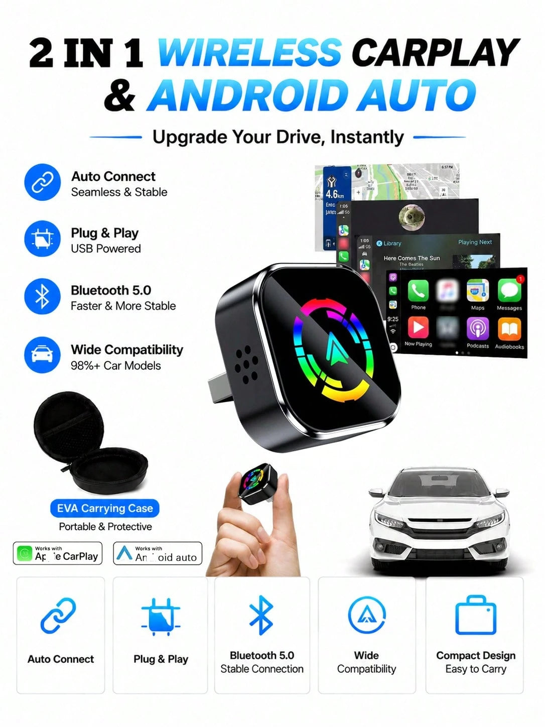 Wireless CarPlay Adapter Upgrade For 2025 Models, Wired To Wireless Conversion For Apple CarPlay, Mini USB Design With Type-C Extension Cable, Plug And Play, Stable Connection, No Latency
