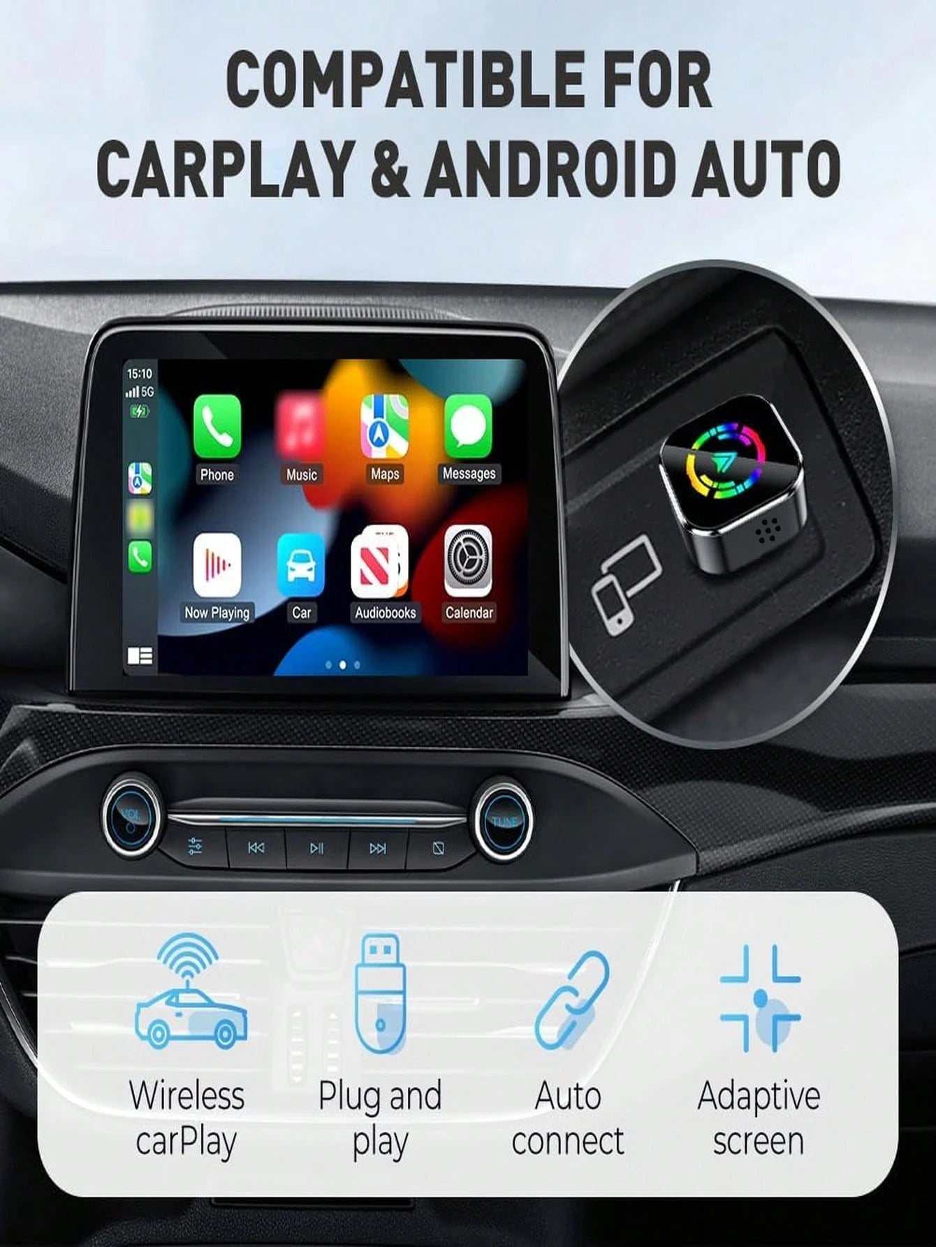 Wireless CarPlay Adapter Upgrade For 2025 Models, Wired To Wireless Conversion For Apple CarPlay, Mini USB Design With Type-C Extension Cable, Plug And Play, Stable Connection, No Latency