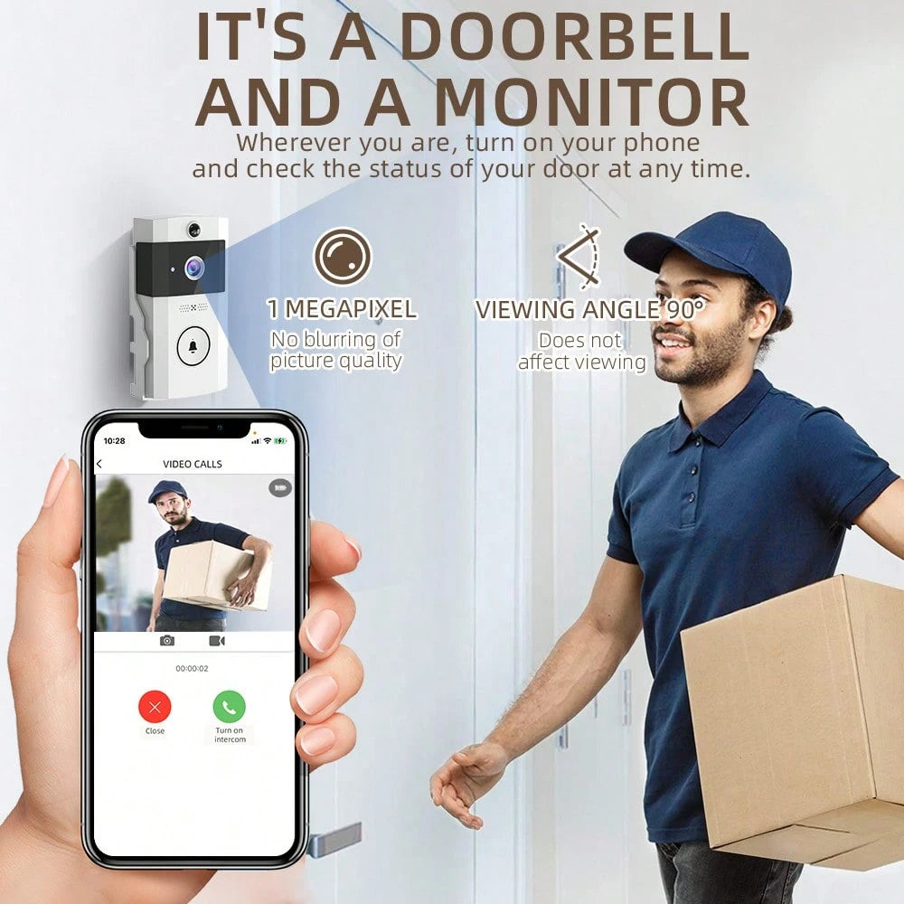 Wireless Doorbell, Doorbell Camera Wireless, Smart Video Doorbell With Chime, No Subscription Required, Lifetime Free 72-Hour Cyclic Cloud Storage, Two-Way Talk, Battery Powered, 90 Degree Wide-Angle