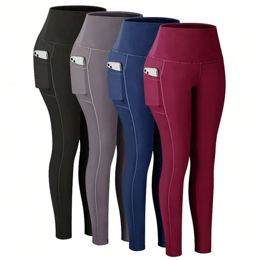 With Pockets- Stretch Four Seasons Sports Compression Leggings- Women's High Waist Yoga Pants, Solid Color Polyester Knitted Fabric, Sports Style, High Stretch Adult Running Leggings