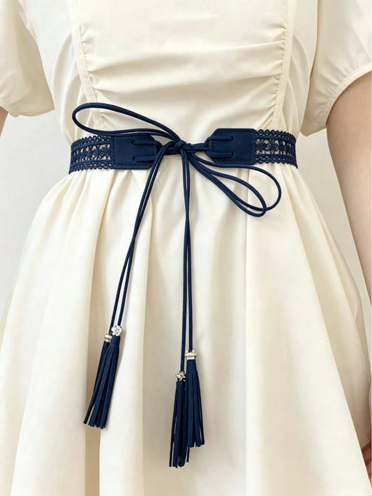 Women Hollow Lace Tassel Self Tie Waist Belt, Faux Leather Floral Metal Bead Decor Waist Cincher, Versatile Sash For Summer Dresses Shirts