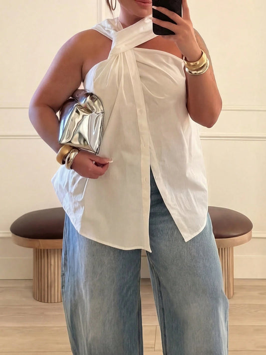 Women's Asymmetrical Twist Neck Halter Sleeveless Top White Summer