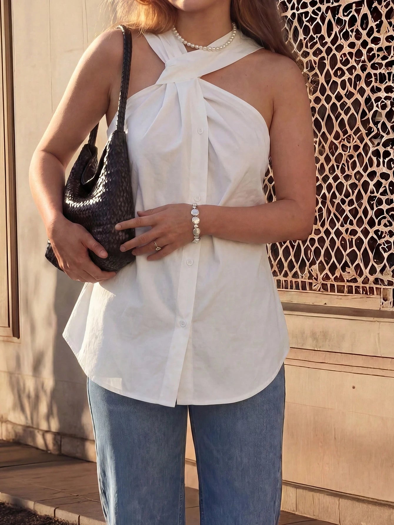 Women's Asymmetrical Twist Neck Halter Sleeveless Top White Summer