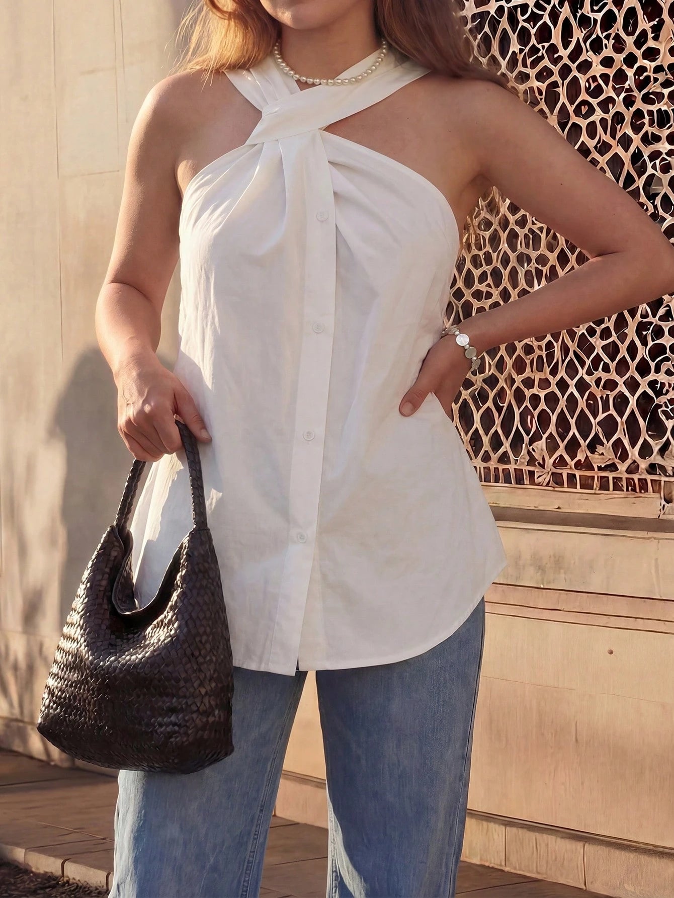 Women's Asymmetrical Twist Neck Halter Sleeveless Top White Summer