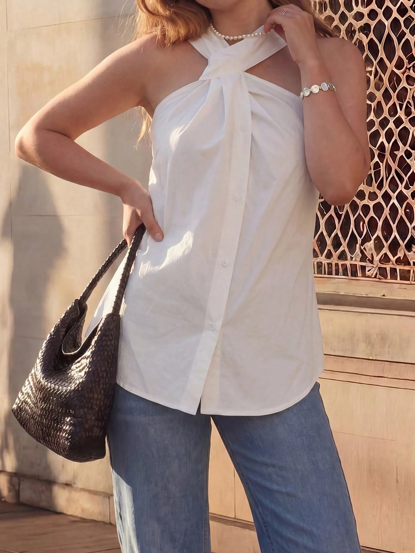 Women's Asymmetrical Twist Neck Halter Sleeveless Top White Summer