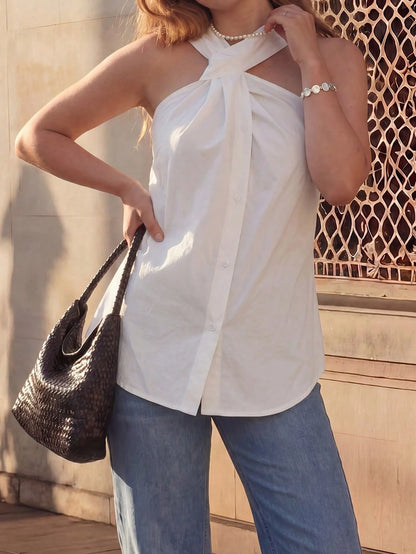 Women's Asymmetrical Twist Neck Halter Sleeveless Top White Summer