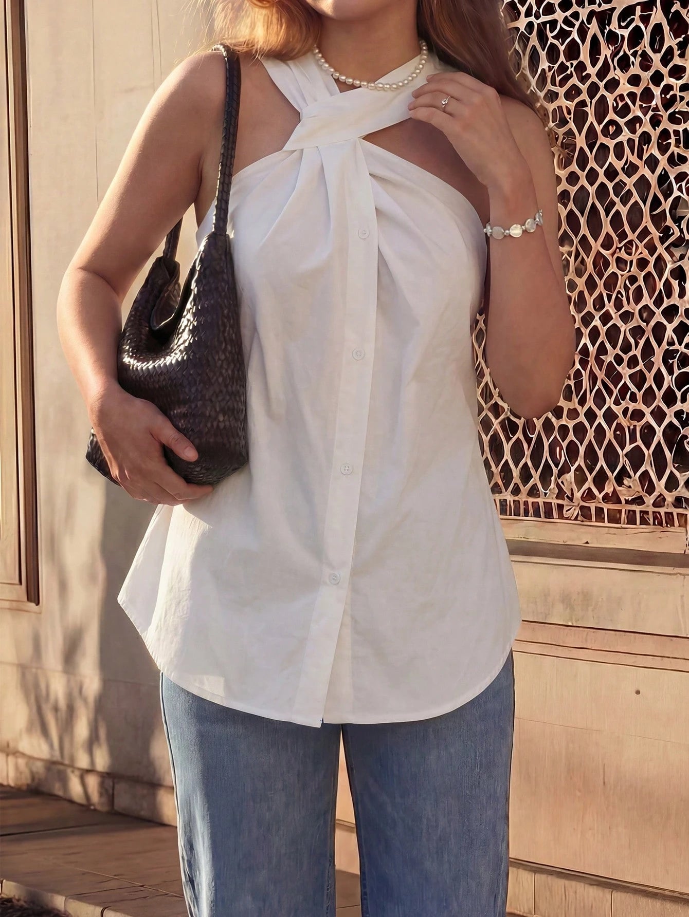 Women's Asymmetrical Twist Neck Halter Sleeveless Top White Summer