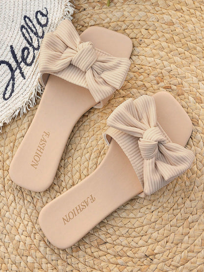 Women's Beige Butterfly Decorated Flat Slide Sandals, Square Toe, Fashionable & Minimalistic, Suitable For Home, Outing & Party, Cute Beach Slippers Valentines