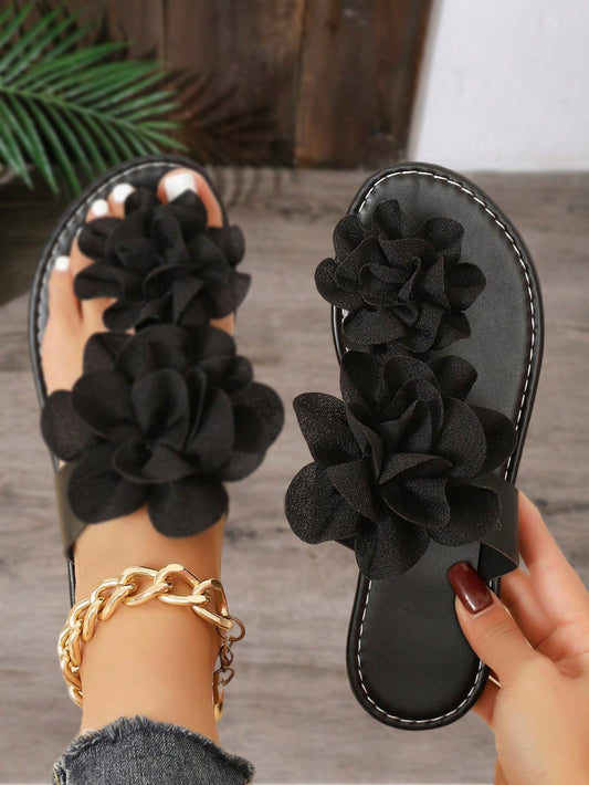 Women's Black 3D Flower Decor Thong Sandals, Summer Casual Vacation Beach Shoes, Narrow Fit, Wide Feet/High Instep Recommend Size Up