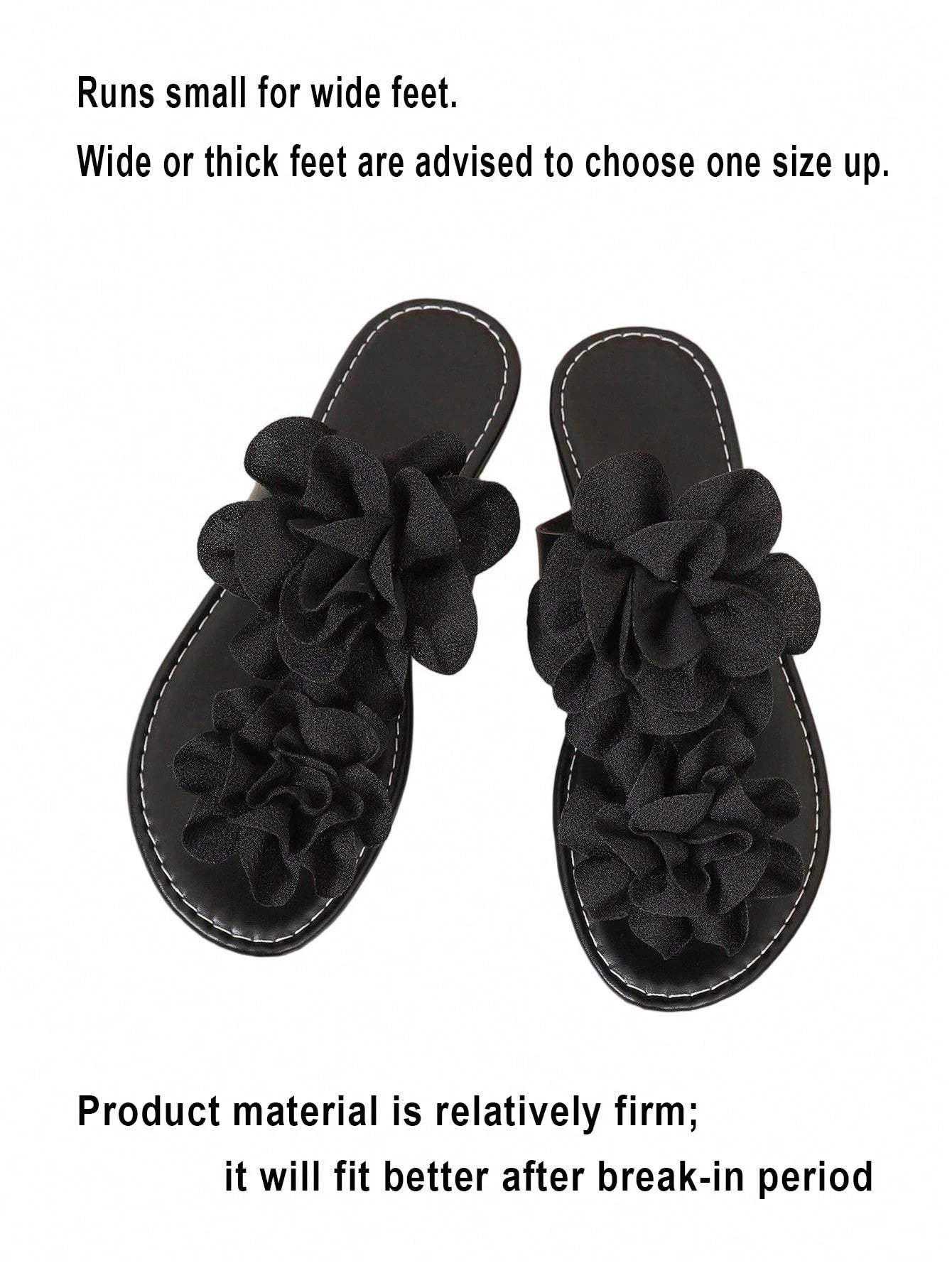 Women's Black 3D Flower Decor Thong Sandals, Summer Casual Vacation Beach Shoes, Narrow Fit, Wide Feet/High Instep Recommend Size Up