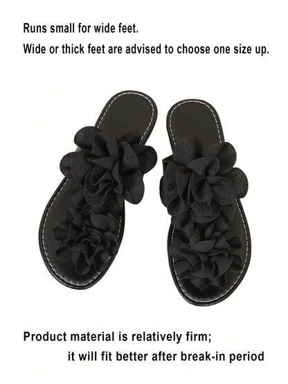Women's Black 3D Flower Decor Thong Sandals, Summer Casual Vacation Beach Shoes, Narrow Fit, Wide Feet/High Instep Recommend Size Up