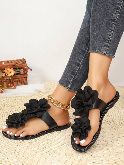 Women's Black 3D Flower Decor Thong Sandals, Summer Casual Vacation Beach Shoes, Narrow Fit, Wide Feet/High Instep Recommend Size Up
