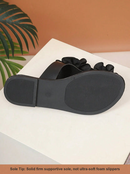 Women's Black 3D Flower Decor Thong Sandals, Summer Casual Vacation Beach Shoes, Narrow Fit, Wide Feet/High Instep Recommend Size Up