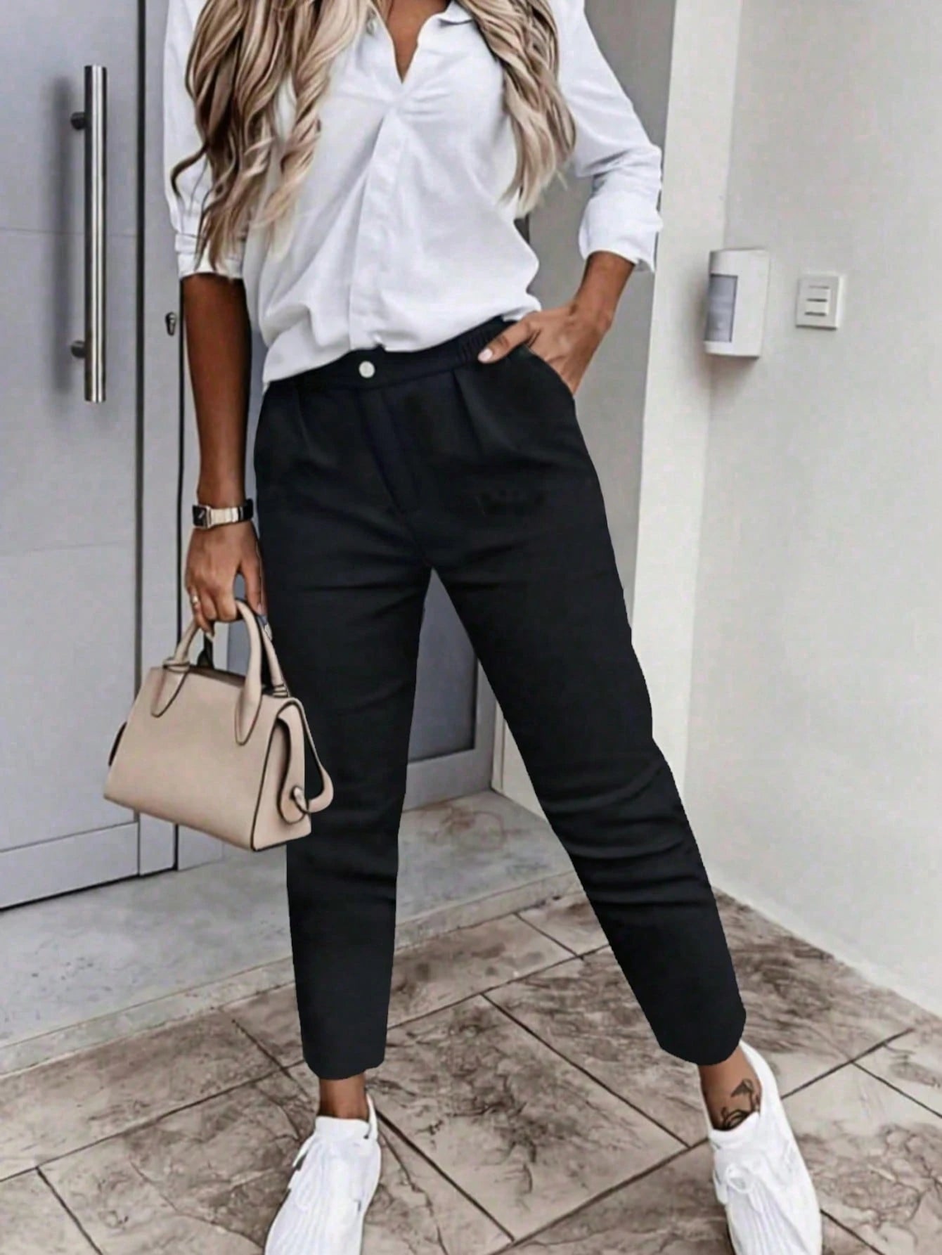 Women's Blue Stretch 9-Inch Pants, With Pockets, Zipper & Button, Casual Business Style Long Pants, Suitable For Women Under 168cm/66 Inches, Autumn/Winter
