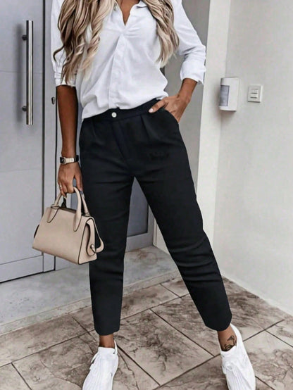 Women's Blue Stretch 9-Inch Pants, With Pockets, Zipper & Button, Casual Business Style Long Pants, Suitable For Women Under 168cm/66 Inches, Autumn/Winter