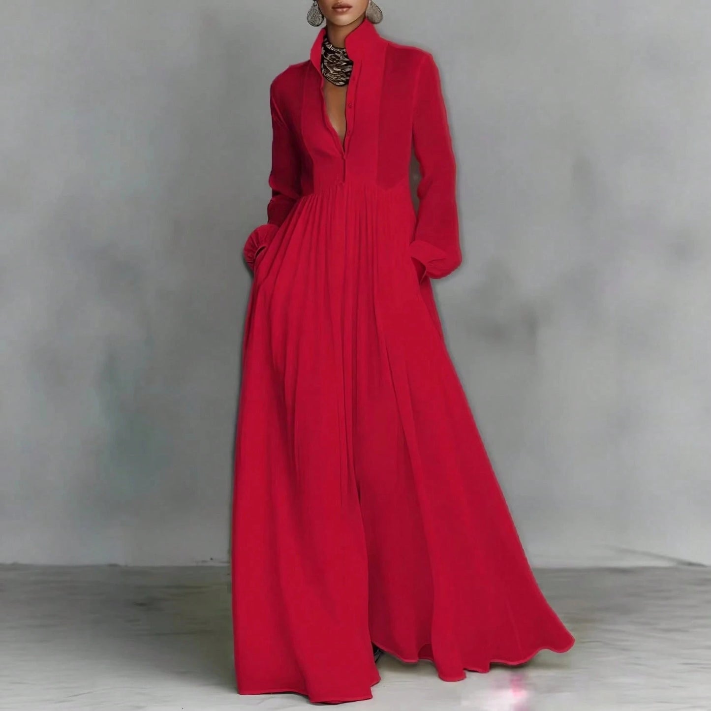 Women's Button-Down Maxi Shirt Dress, Long Sleeve Stand Collar Pleated Flowy Dress, Casual Elegant Outfit With Pockets