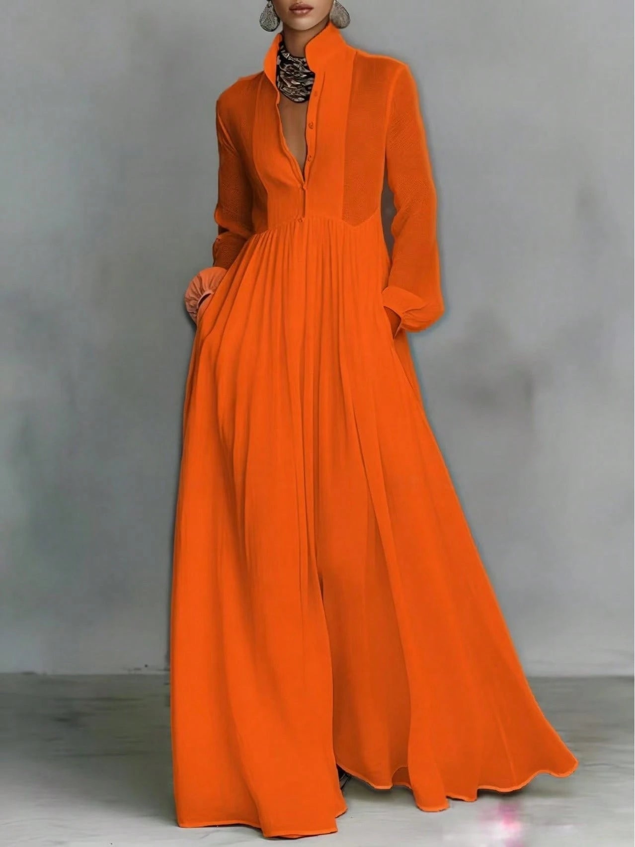 Women's Button-Down Maxi Shirt Dress, Long Sleeve Stand Collar Pleated Flowy Dress, Casual Elegant Outfit With Pockets