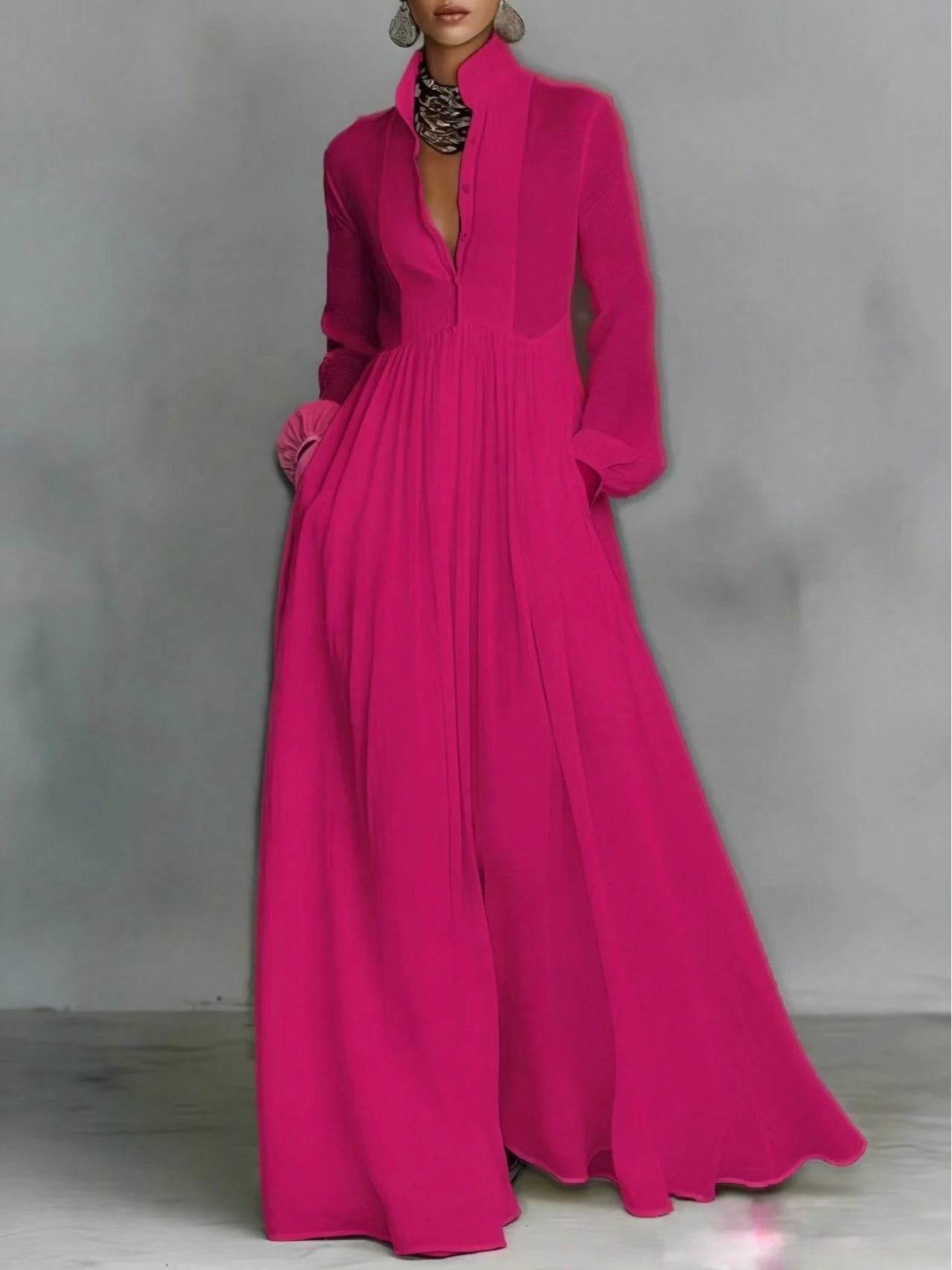 Women's Button-Down Maxi Shirt Dress, Long Sleeve Stand Collar Pleated Flowy Dress, Casual Elegant Outfit With Pockets