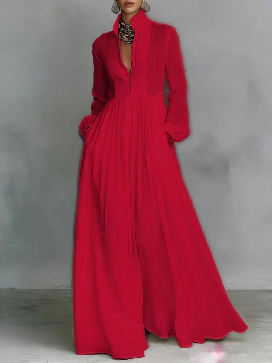 Women's Button-Down Maxi Shirt Dress, Long Sleeve Stand Collar Pleated Flowy Dress, Casual Elegant Outfit With Pockets