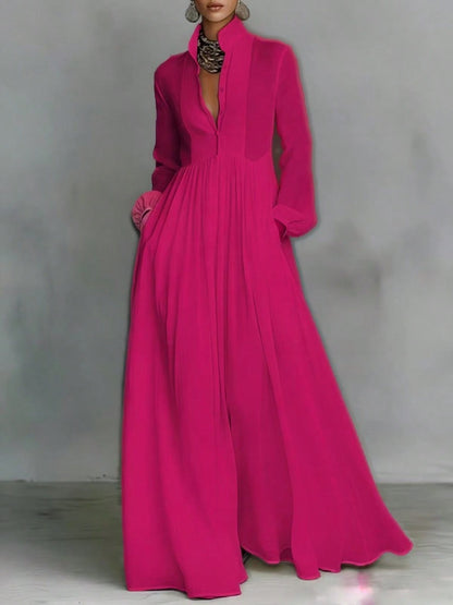 Women's Button-Down Maxi Shirt Dress, Long Sleeve Stand Collar Pleated Flowy Dress, Casual Elegant Outfit With Pockets