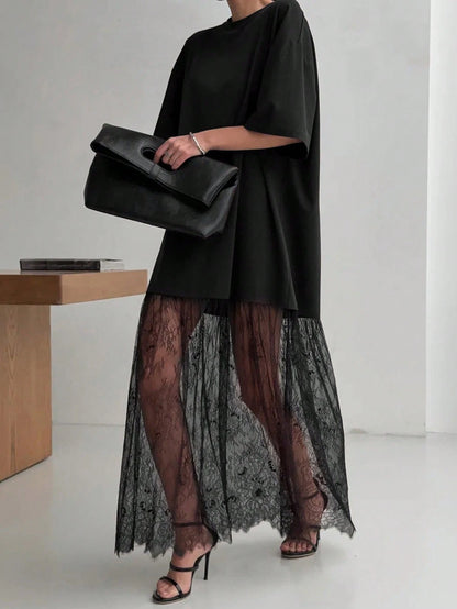 Women's Casual Lace Patchwork Short Sleeve Dress (No Belt), Solid Color Casual Knit Fabric Lace Patchwork Dress For Everyday, Office, Date. Length And Size Can Be Adjusted With Belt. Casual Style Runs