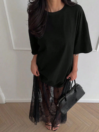 Women's Casual Lace Patchwork Short Sleeve Dress (No Belt), Solid Color Casual Knit Fabric Lace Patchwork Dress For Everyday, Office, Date. Length And Size Can Be Adjusted With Belt. Casual Style Runs
