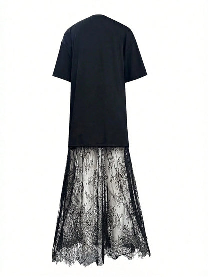 Women's Casual Lace Patchwork Short Sleeve Dress (No Belt), Solid Color Casual Knit Fabric Lace Patchwork Dress For Everyday, Office, Date. Length And Size Can Be Adjusted With Belt. Casual Style Runs