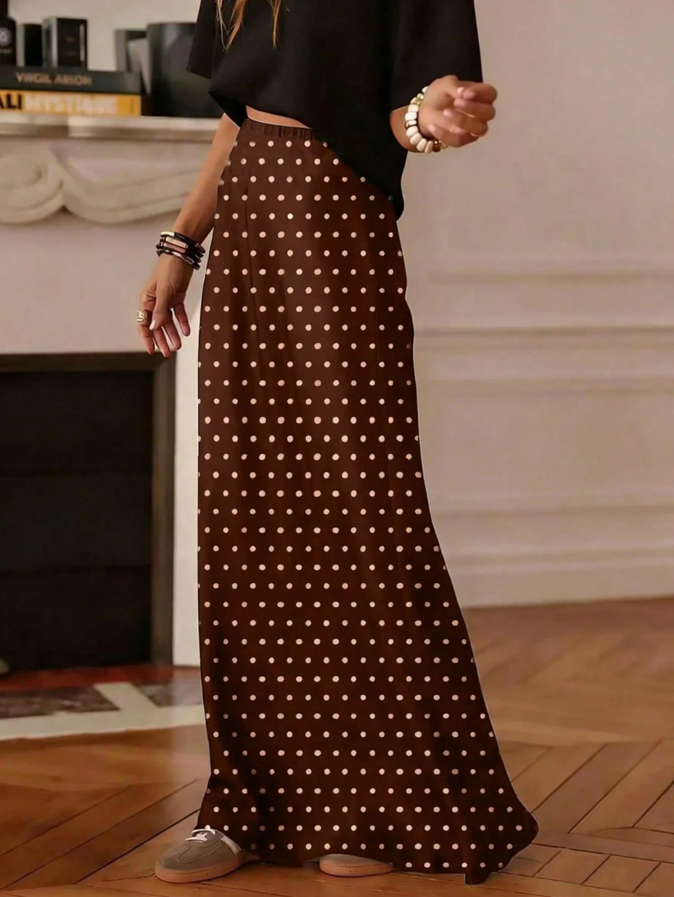 Women's Casual Polka Dot A-Line Maxi Skirt, Made Of Non-Stretch Woven Fabric, Suitable For Daily Wear, Summer Spring Brown