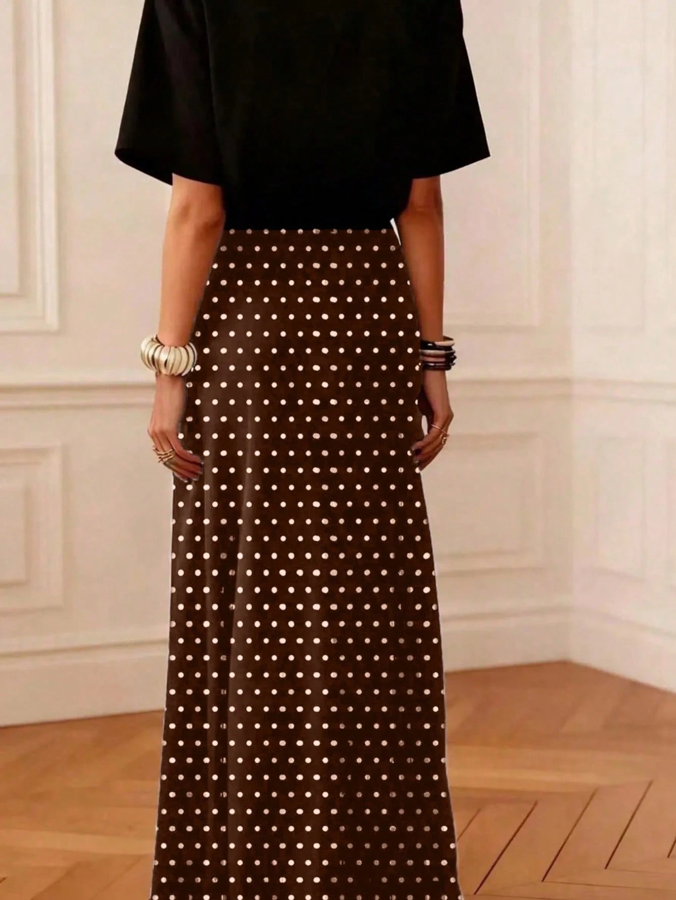 Women's Casual Polka Dot A-Line Maxi Skirt, Made Of Non-Stretch Woven Fabric, Suitable For Daily Wear, Summer Spring Brown
