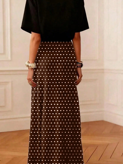 Women's Casual Polka Dot A-Line Maxi Skirt, Made Of Non-Stretch Woven Fabric, Suitable For Daily Wear, Summer Spring Brown