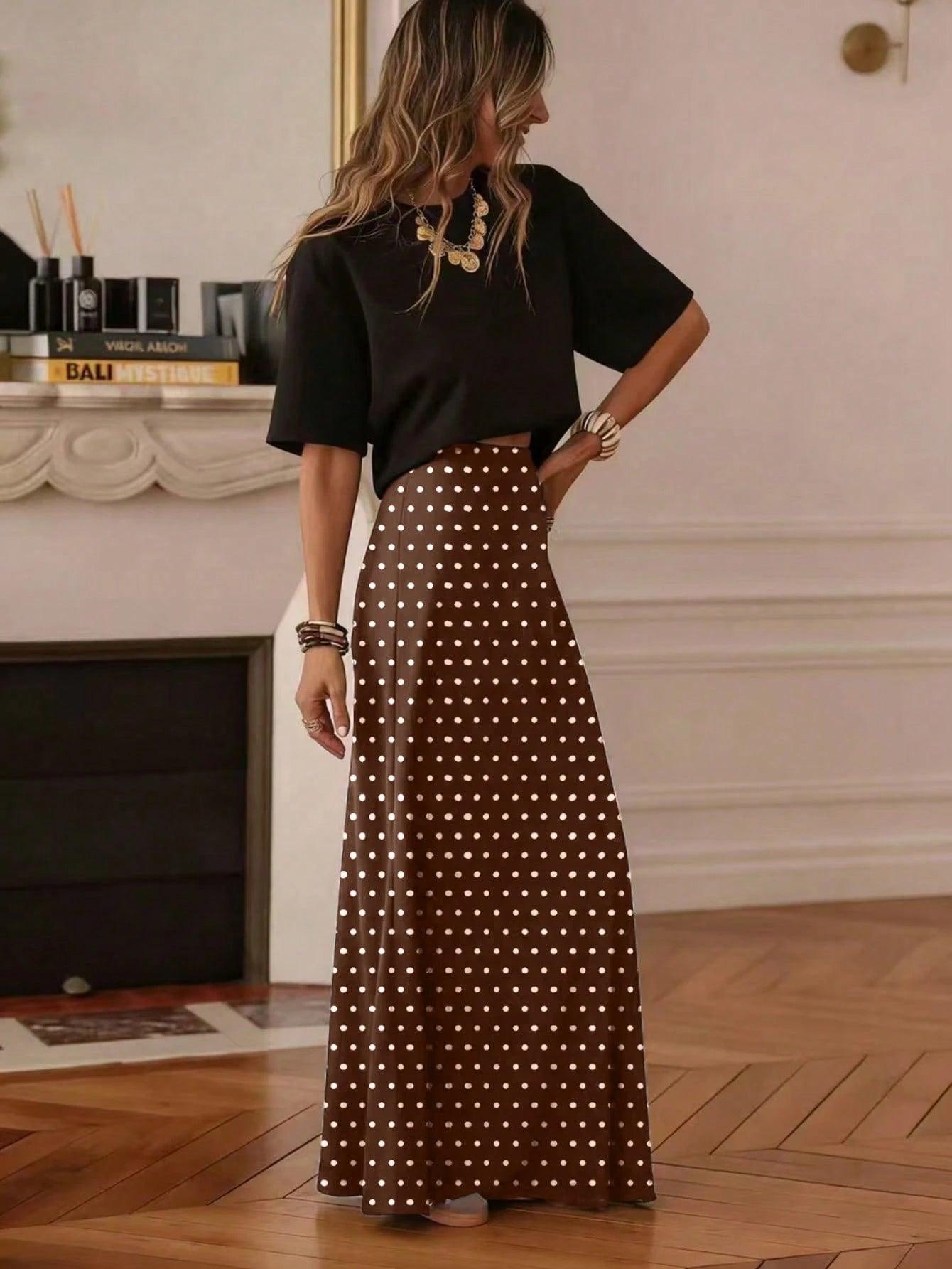 Women's Casual Polka Dot A-Line Maxi Skirt, Made Of Non-Stretch Woven Fabric, Suitable For Daily Wear, Summer Spring Brown