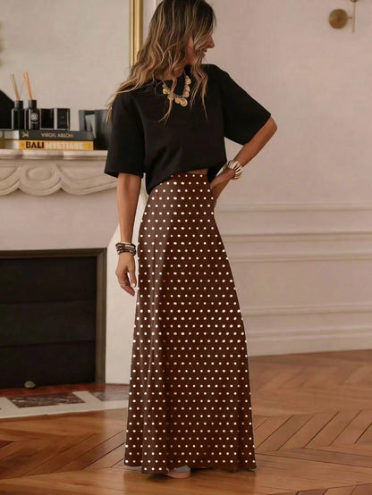 Women's Casual Polka Dot A-Line Maxi Skirt, Made Of Non-Stretch Woven Fabric, Suitable For Daily Wear, Summer Spring Brown