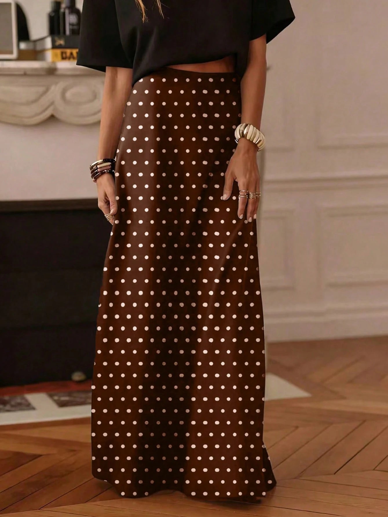 Women's Casual Polka Dot A-Line Maxi Skirt, Made Of Non-Stretch Woven Fabric, Suitable For Daily Wear, Summer Spring Brown