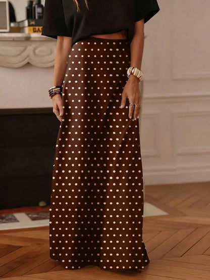 Women's Casual Polka Dot A-Line Maxi Skirt, Made Of Non-Stretch Woven Fabric, Suitable For Daily Wear, Summer Spring Brown