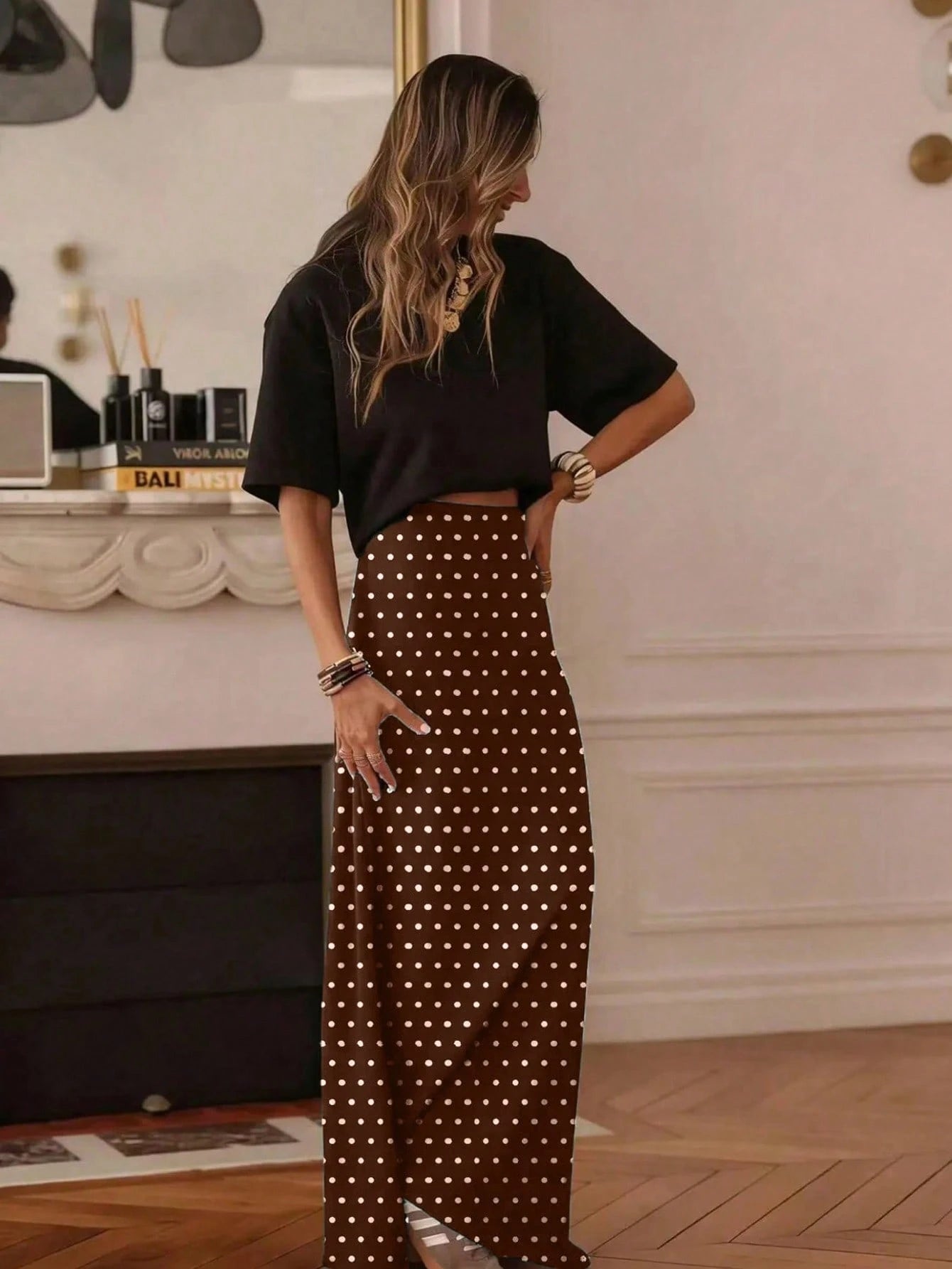 Women's Casual Polka Dot A-Line Maxi Skirt, Made Of Non-Stretch Woven Fabric, Suitable For Daily Wear, Summer Spring Brown