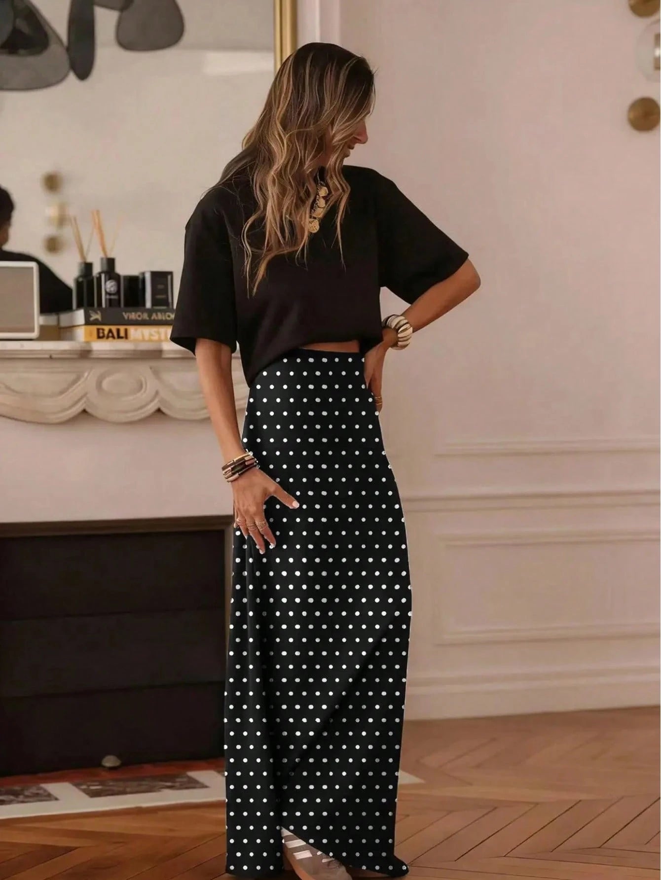 Women's Casual Polka Dot A-Line Maxi Skirt, Made Of Non-Stretch Woven Fabric, Suitable For Daily Wear, Summer Spring Brown