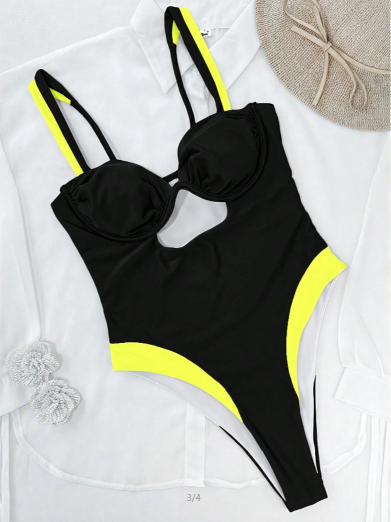 Women's Color-Blocked One-Piece Swimsuit. Sexy Color Contrast Trim Flatters The Figure, Ideal For Beach Holidays And Vacation Style Looks. Black Summer