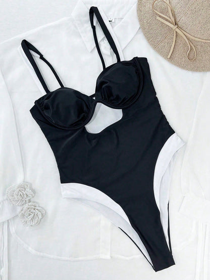 Women's Color-Blocked One-Piece Swimsuit. Sexy Color Contrast Trim Flatters The Figure, Ideal For Beach Holidays And Vacation Style Looks. Black Summer