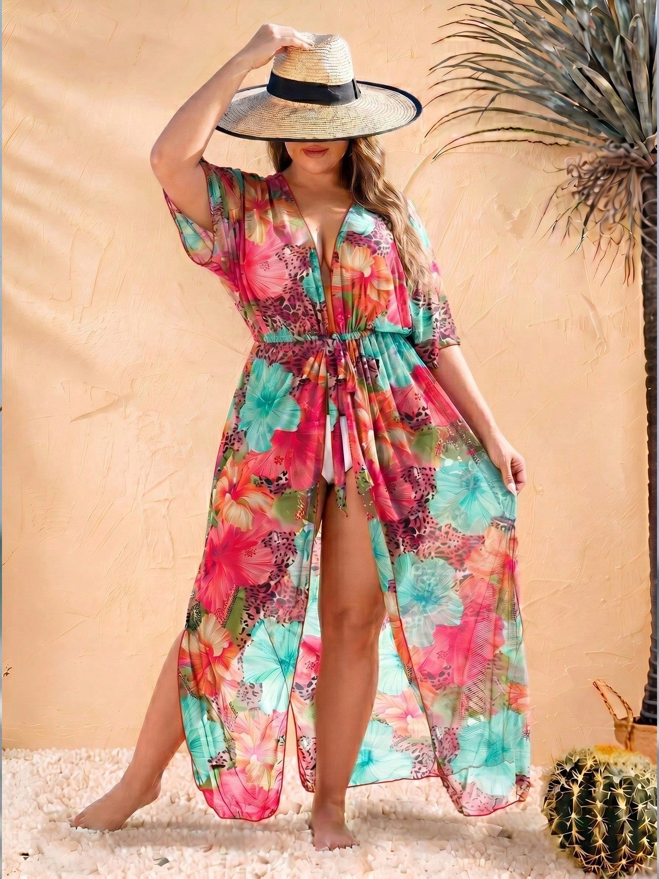Women's Colorful Floral Print Beach Cover-Up With Tie Waist Vacation Summer