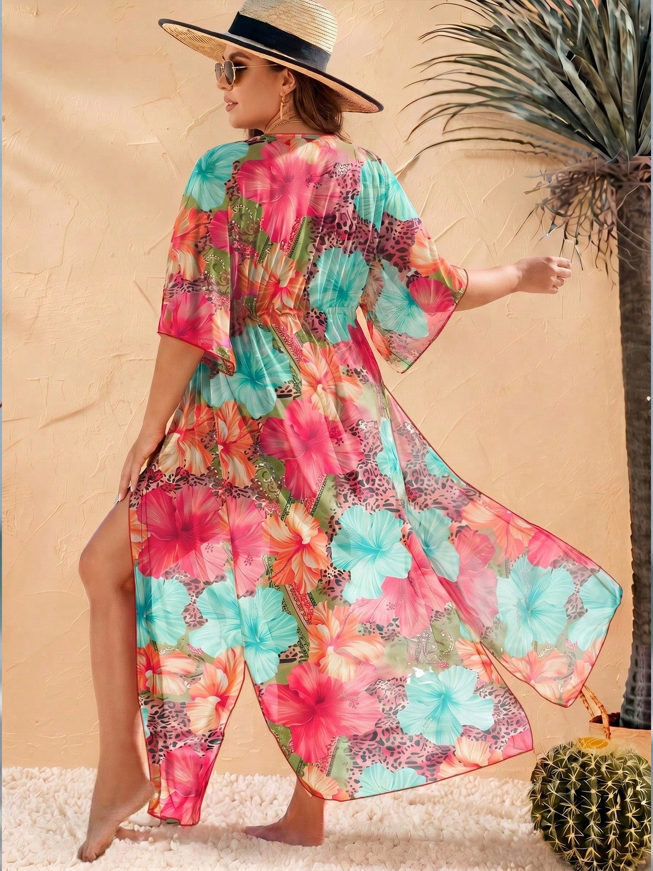 Women's Colorful Floral Print Beach Cover-Up With Tie Waist Vacation Summer