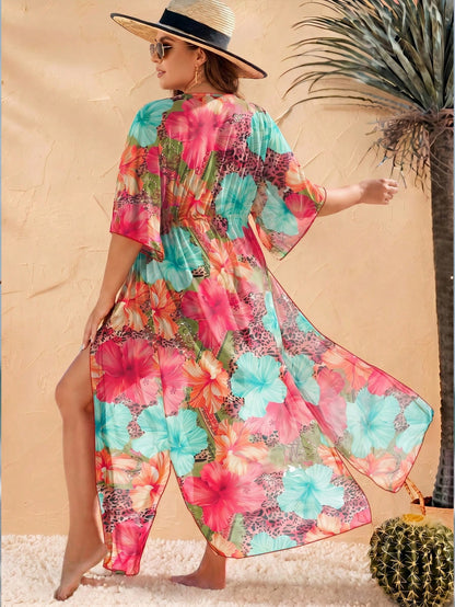 Women's Colorful Floral Print Beach Cover-Up With Tie Waist Vacation Summer
